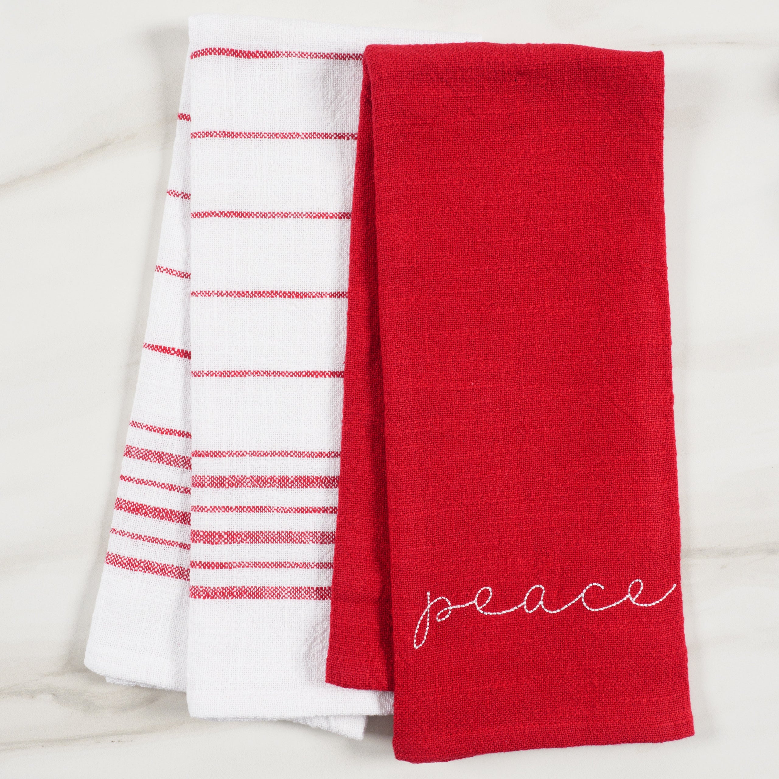 Holiday Red Embroidered Monaco Set Of 2 Kitchen Towels, 18 x 28 - Peace