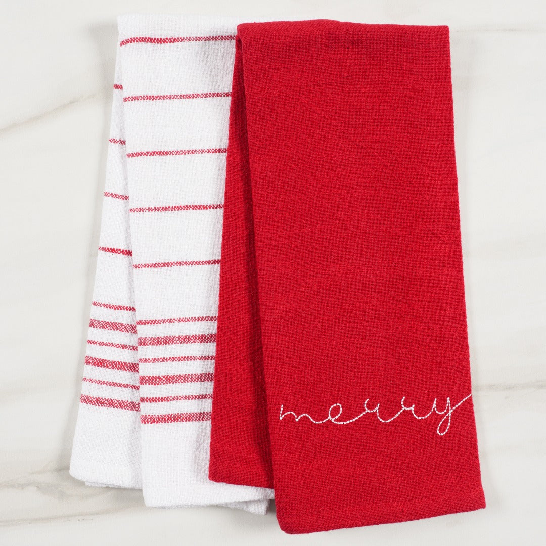 Holiday Red Embroidered Monaco Set Of 2 Kitchen Towels, 18" x 28"