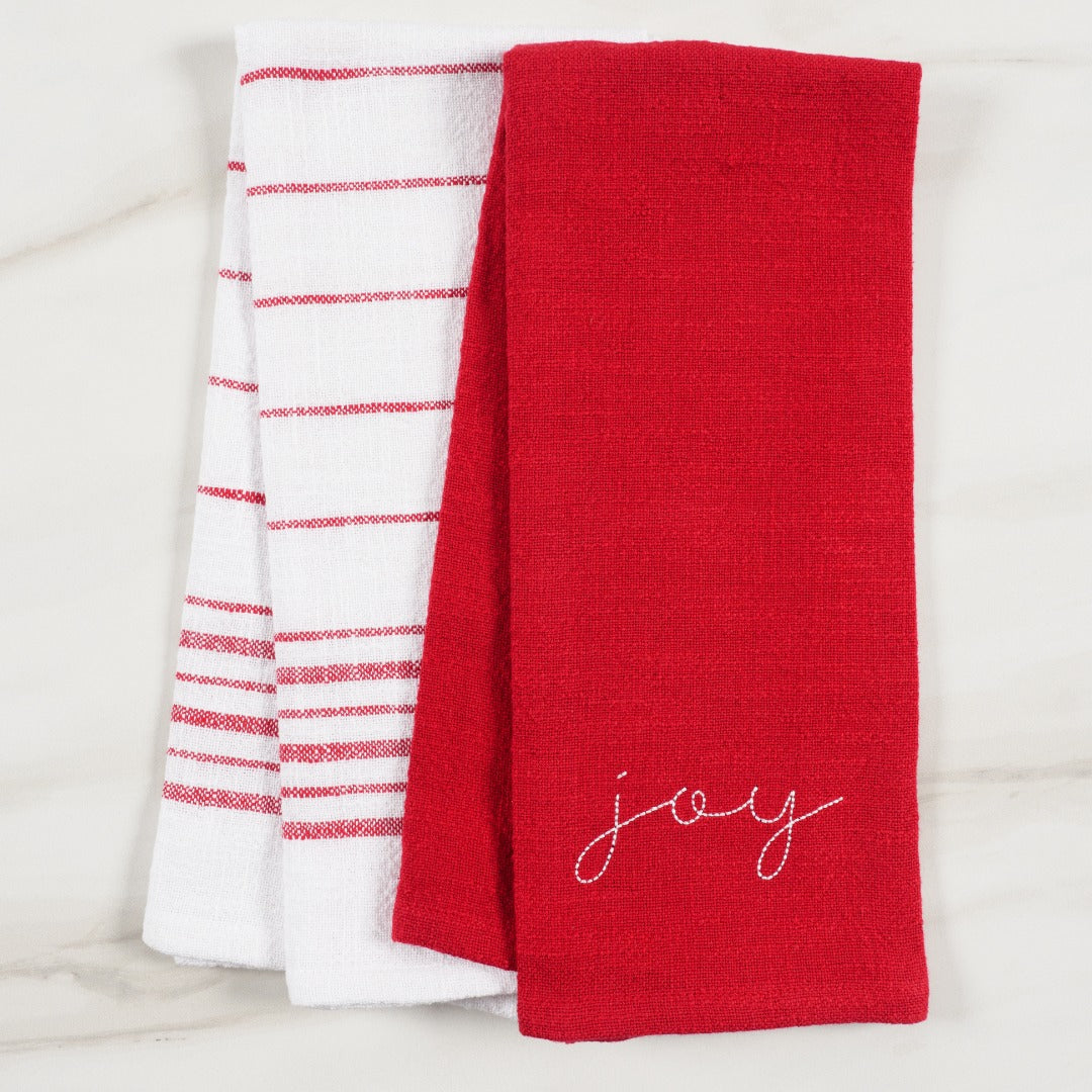 Holiday Red Embroidered Monaco Set Of 2 Kitchen Towels, 18" x 28"